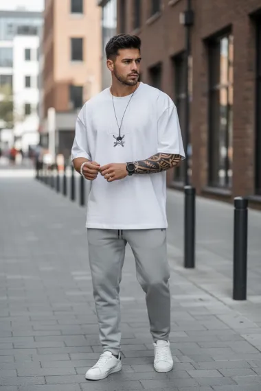 Tricou barbati alb, cu imprimeu pe spate, oversize 11823 P19-6.1